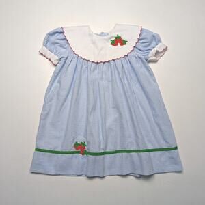 Vintage Lord & Taylor Dress Girls Size 6X Blue Seersucker Strawberry